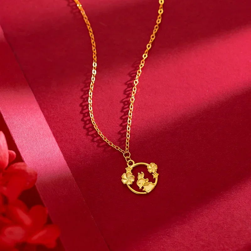 

9999 Real Gold 24K New Year's Zodiac Rabbit Necklace Laurel Rabbit with O-chain Sweet and Cute Thin Chain