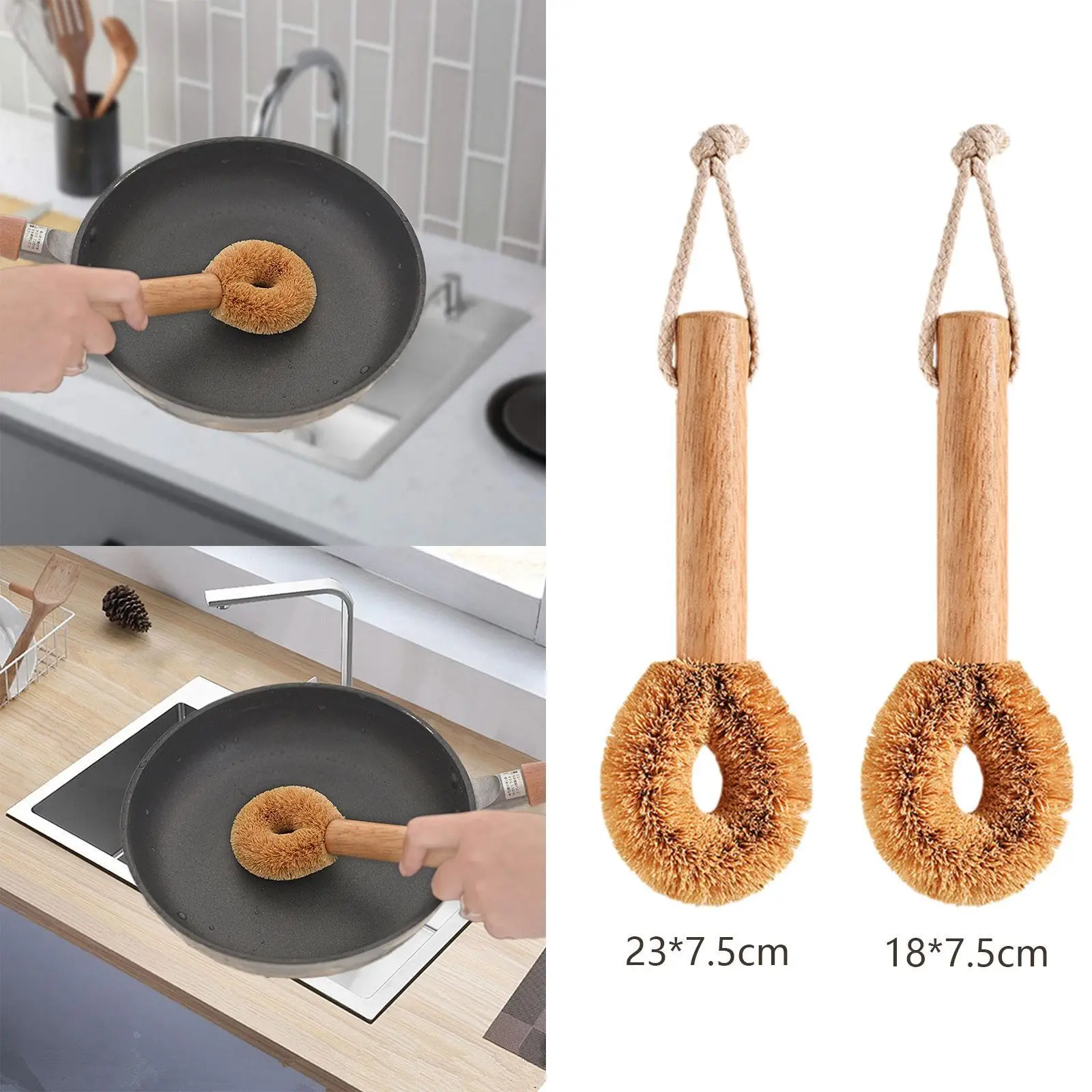 Escova para panelas e panelas Escova para limpeza de madeira com corda suspensa