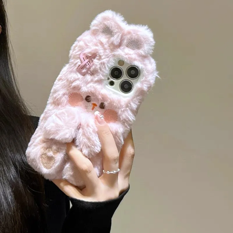 Pink Cute Hairpin Bunny Plush Phone Case For iPhone 15 14 11 12 13 Pro Max Drop Protective Cover