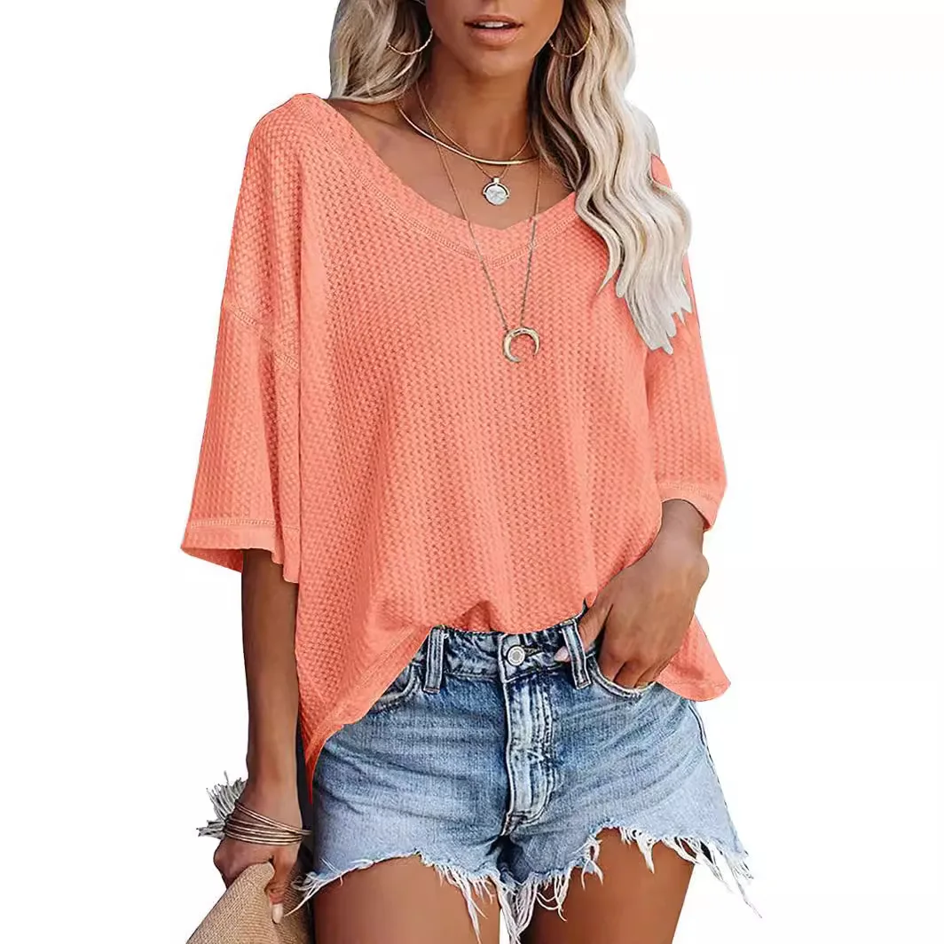 Summer New V-neck Bat Sleeve Waffle Knit Loose Solid Color Short Sleeved T-shirt Top in Stock