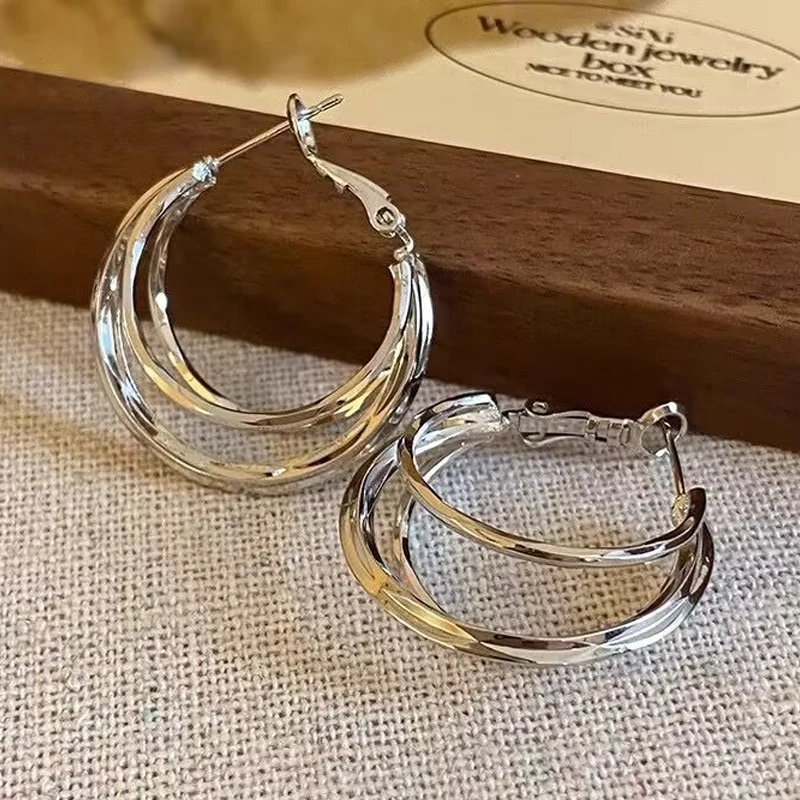 Multi Layer C Shape Hoop Earrings for Women Geometry Jewelry Trendy Silver Color Metal Round Circle Drop Dangle Earrings