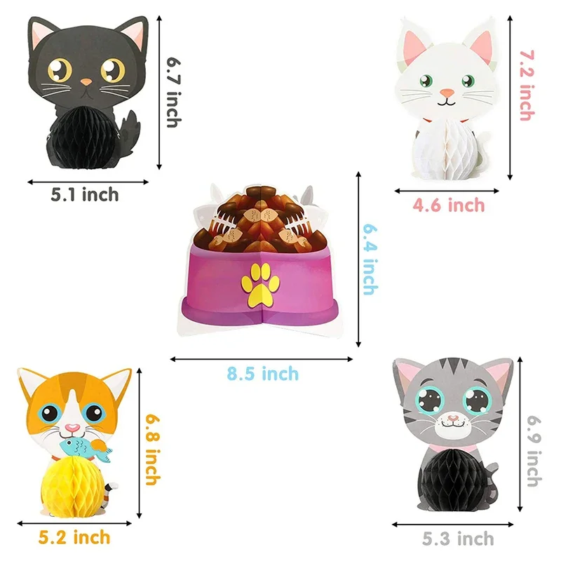 7Pcs Cat Themed Honeycomb Centerpieces Birthday Party Favor Table Decoration Meow Double Sided Table Toppers Party Supplies