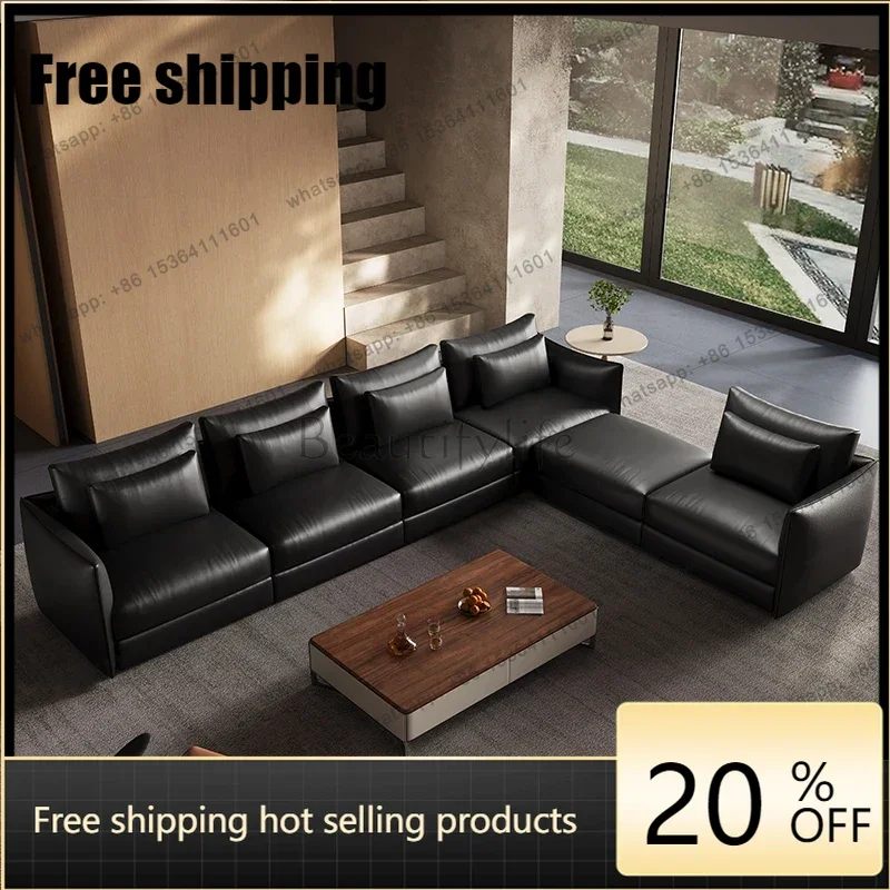 Customization Italian minimalist sofa living room straight row first layer cowhide light luxury three-person black jungle sofa