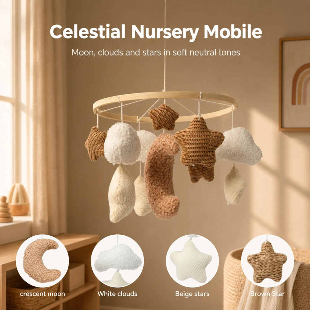 Baby Crib Mobile Knitted Stars Curly Moon 0 12 Month Baby Toys Plush Clouds Celestial Nursery Decor Visual Sensory Development