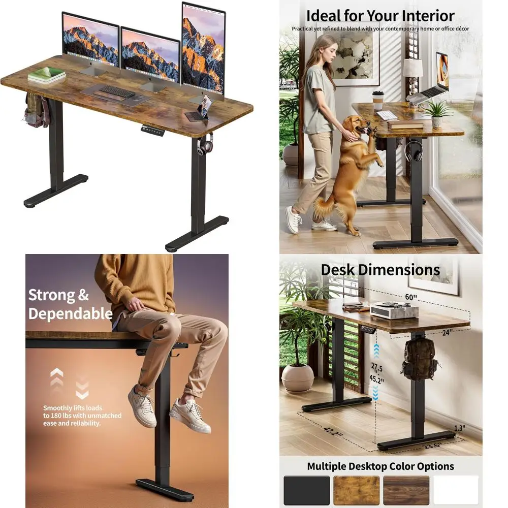 60 x 24 Inch Rustic Brown Electric Height-Adjustable Standing Desk for Home Office and Gaming