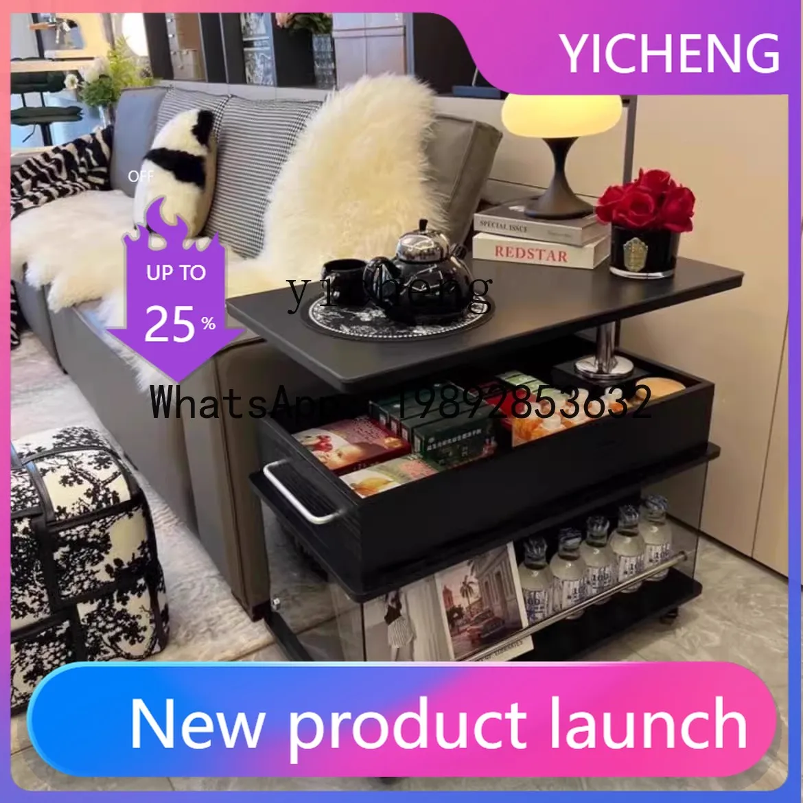 

H4 side table liftable movable rock slab coffee table living room black trolley folding sofa