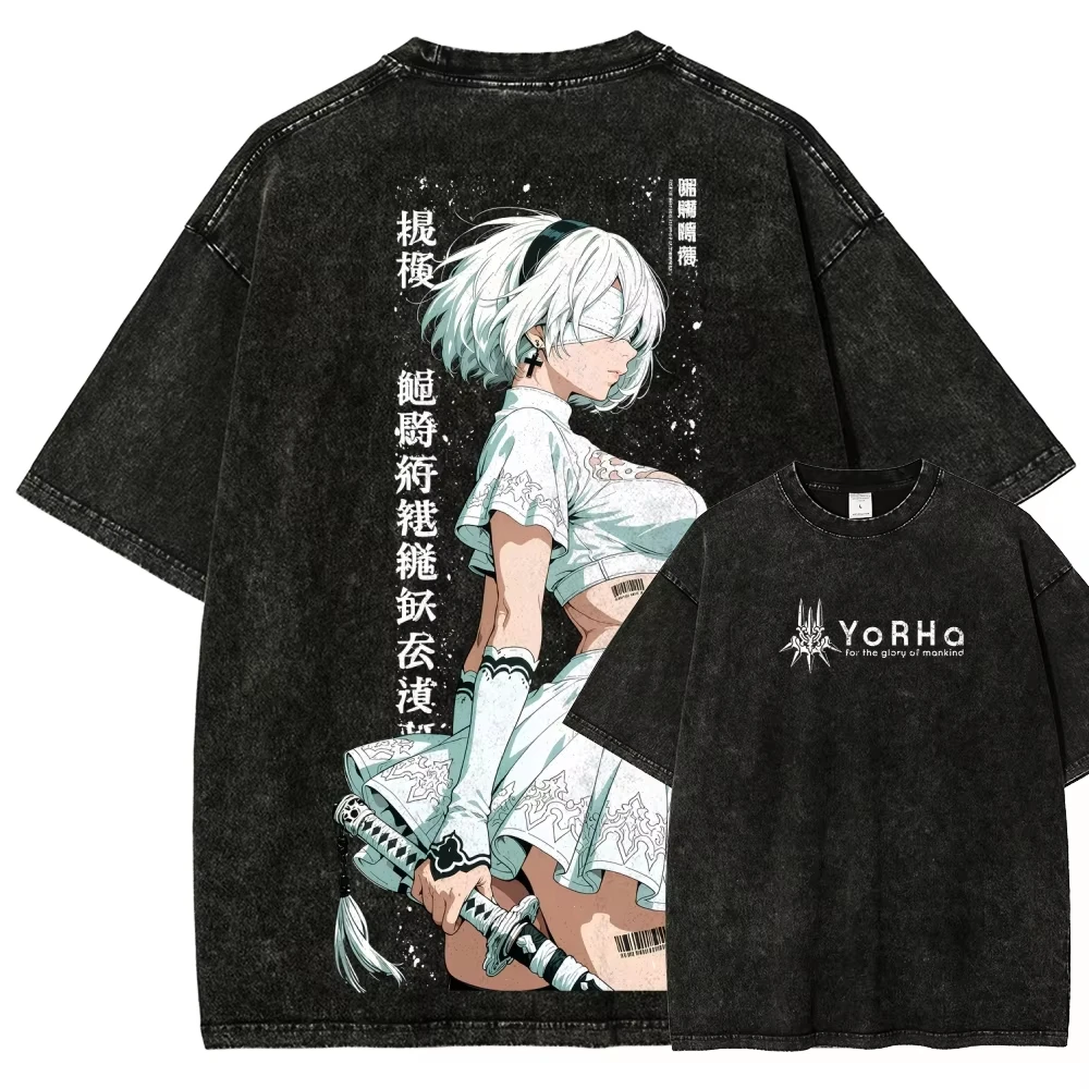 Nier Automata Washed Graphic T‑shirt 2026 New Model Unisex Personality Year‑round Streetwear Cotton Tops