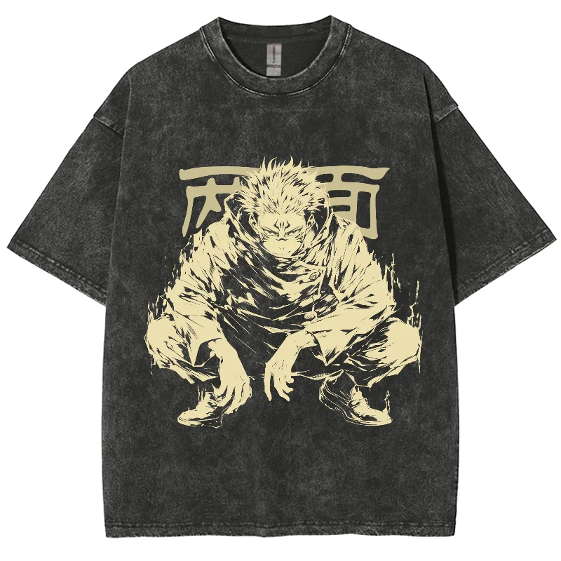 Anime Jujutsu Kaisen Ryomen Sukuna Oversized Washed shirt, Hip hop Streetwear Vintage Washed Short Tshirt For Men Women  Y2K