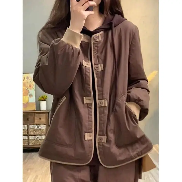 Lightweight Cotton Jacket Women\'s Short Casual Contrasting Color Plate Buckle Thick Cotton Jacket Warm Cotton Jacket Top