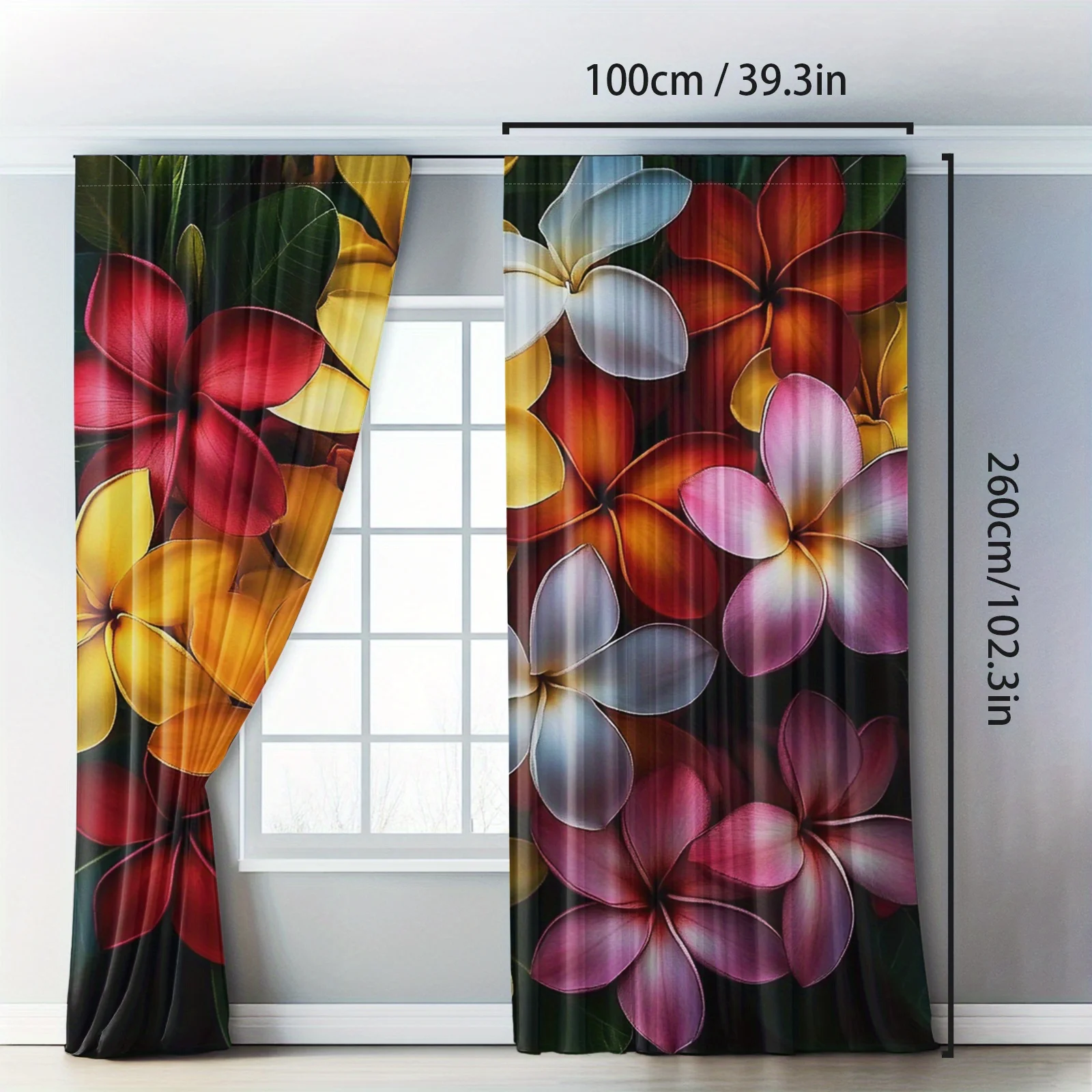 2pcs Vibrant Frangipani Flower Blackout Curtains Colorful Tropical Design Machine Washable Polyester Semi Transparent Ideal for