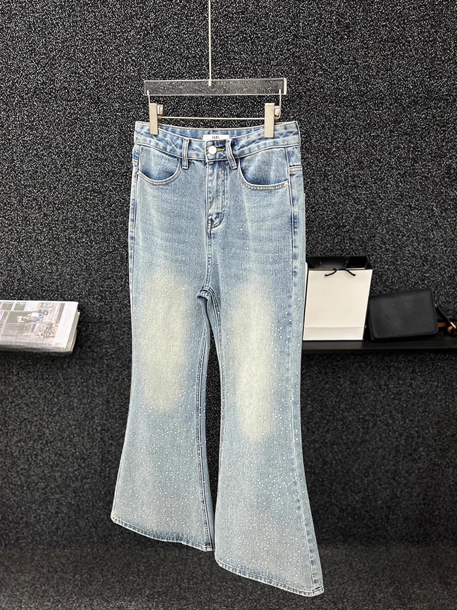 Men's 2025 Spring New High-end Full-body Hot Diamond Chic Jeans Men's Fashion Loose Versatile Wide-leg Flared Pants Casual Pants