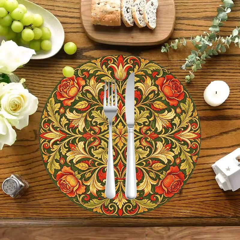 VIKAMA Blue Floral Bird Round Placemat, Washable Heat Resistant Vintage Style Dining Mat