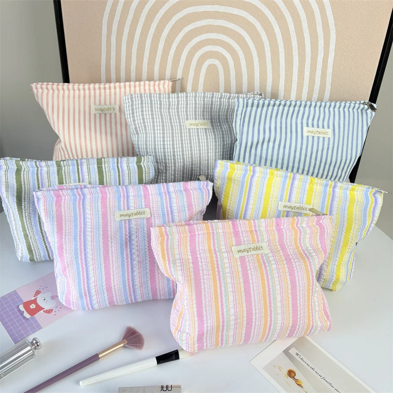 Small Fresh Pleated Striped Cosmetic Bag Large Capacity Portable Skin Care Product Storage Bag Travel Liner Makeup Toilet Bag