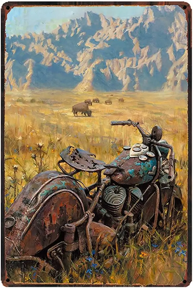 Original Retro Design A Herd of Cows and Old Motorcycle Tin Metal Signs Wall Art | Thick Tinplate Print Poster Wall Decoration f