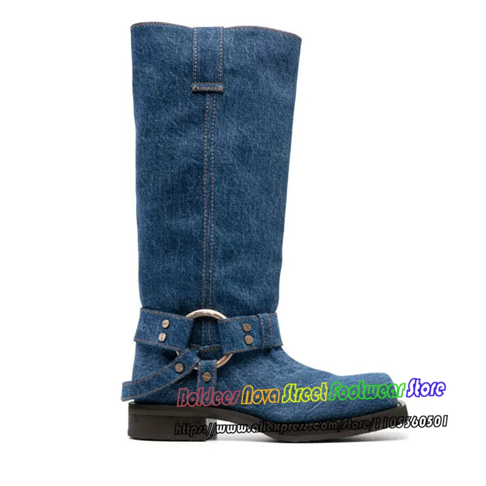 Denim Metal Riveted Decoration Knee High Boot Women Square Toe Belt Buckle Thick Heel Motorcycle Boots Western Knight Boot