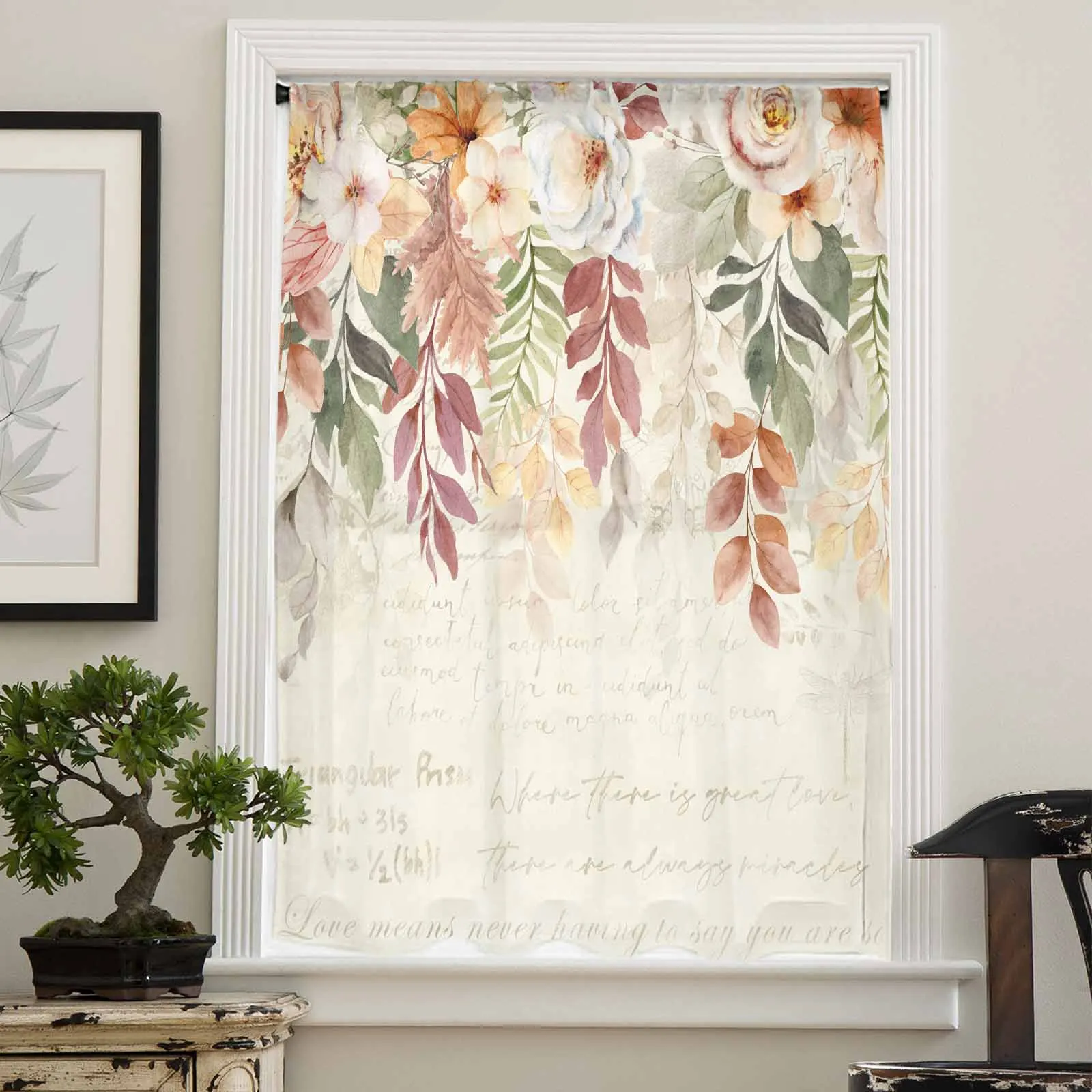 Autumn Thanksgiving Plant Leaves Flower Beige Letter Sheer Curtain Living Room Drapes Home Voile Curtain Tulle Window Curtain