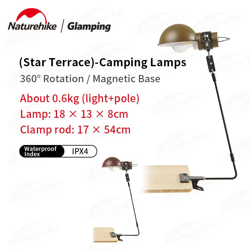 Naturehike Portable 0.6Kg Camping Lamps Table Clip Lamps360°Rotate 12H Use Time Waterproof Hanging Lamp Hiking Fishing Tent