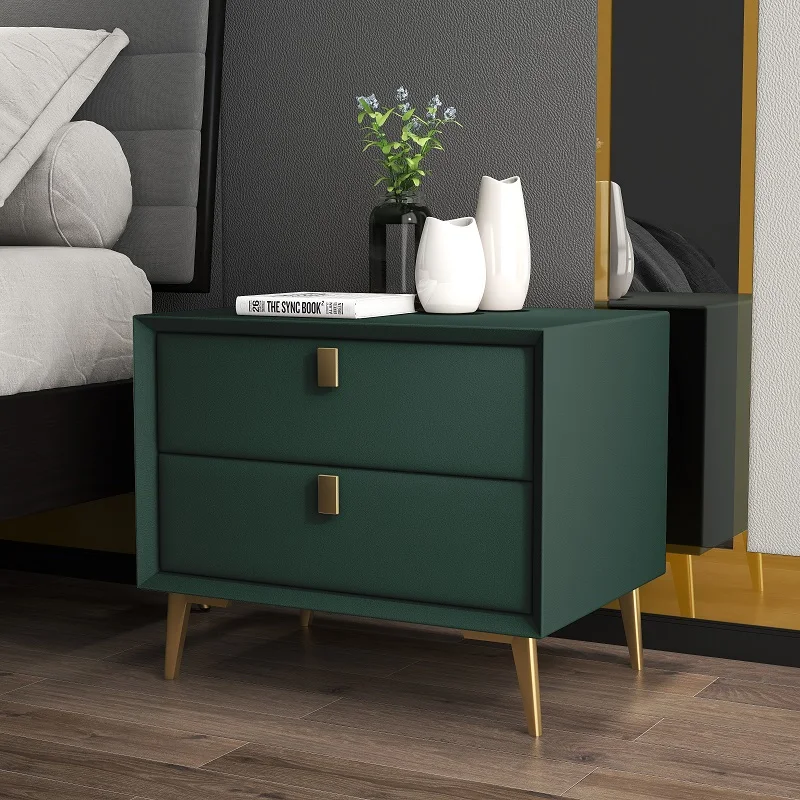 Nordic Style Wooden 2 Drawers Bedroom Nightstands Faux Leather Bedside Table Side Storage Cabinet Hotel End Table