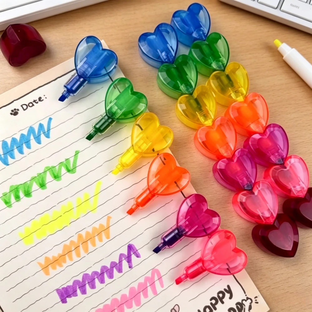 6 in 1 Heart Shaped Fluorescent Pen Mini Transparent Fluorescent Marker Multi Color Highlighter Pens for Journaling Note Taking