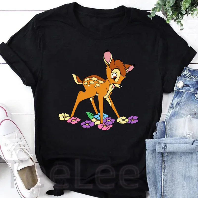 Bambi T Shirt Women Printed Rabbit Graphic Deer Tees Anime Punk Black T-shirt Cartoon Tops Casual Female Tshirt Clothing