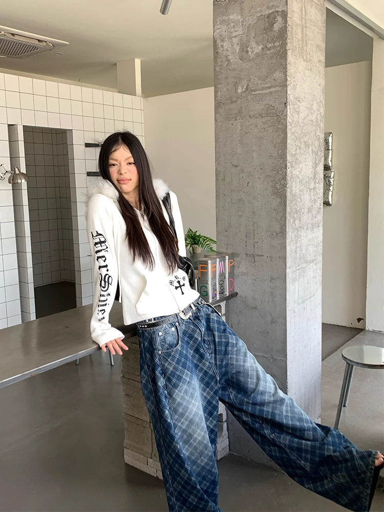 ReddaChic オーバーサイズ ブルー ジーンズ レタープリント ワイドレッグ ストレート デニムパンツ チェック柄 ファッション 秋 カジュアルウェア ロングパンツ