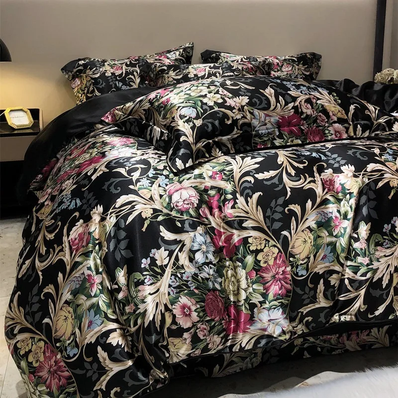 Summer Cool Silky Satin Duvet Cover Set, Romantic Floral Printed Polyester Bedding Set, Breathable Flat Sheet & Pillow Cases
