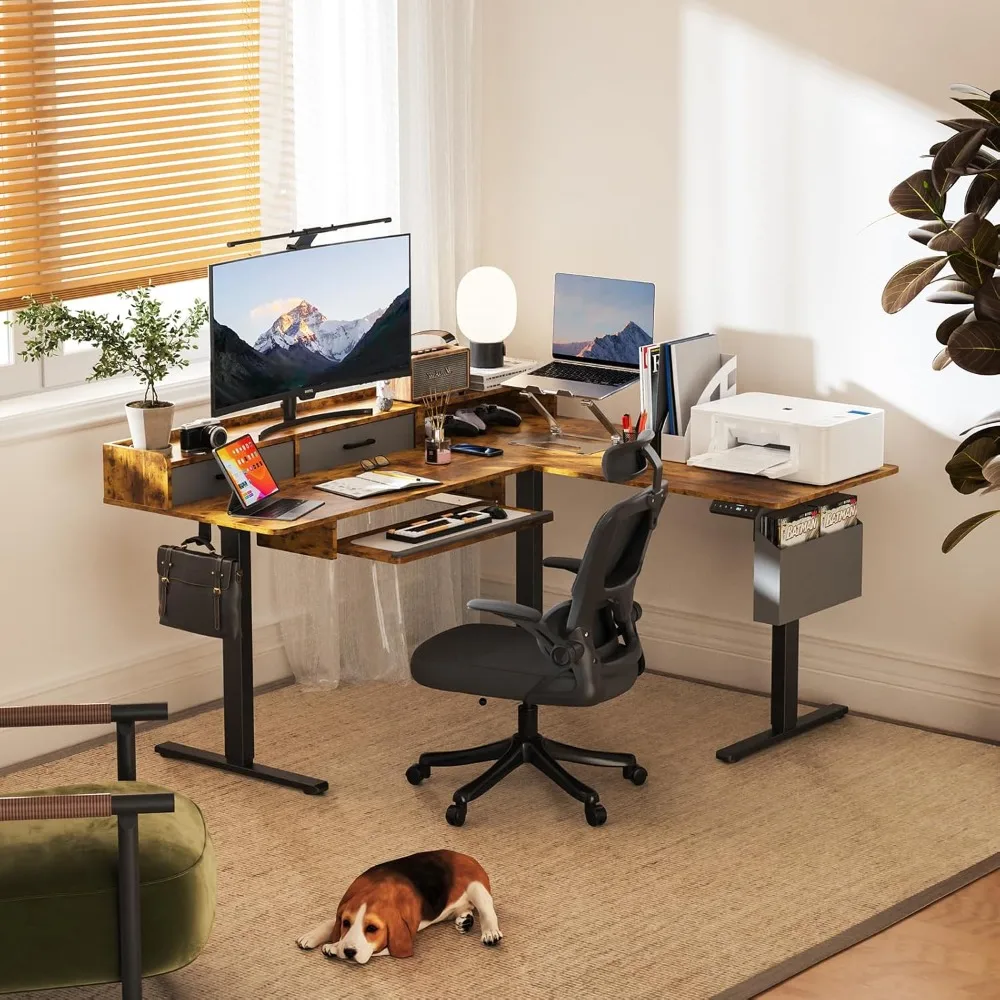 مكتب كهربائي على شكل حرف L قابل للتعديل مع درجين، صينية لوحة مفاتيح للكمبيوتر المكتبي المنزلي، خيار الجلوس على الوقوف