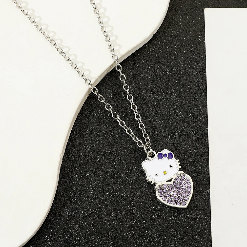 Collane con ciondolo Hello Kitty con cuore d\'amore in cristallo viola per le donne accessori per collare per ventagli Sanrio per ragazze regali di