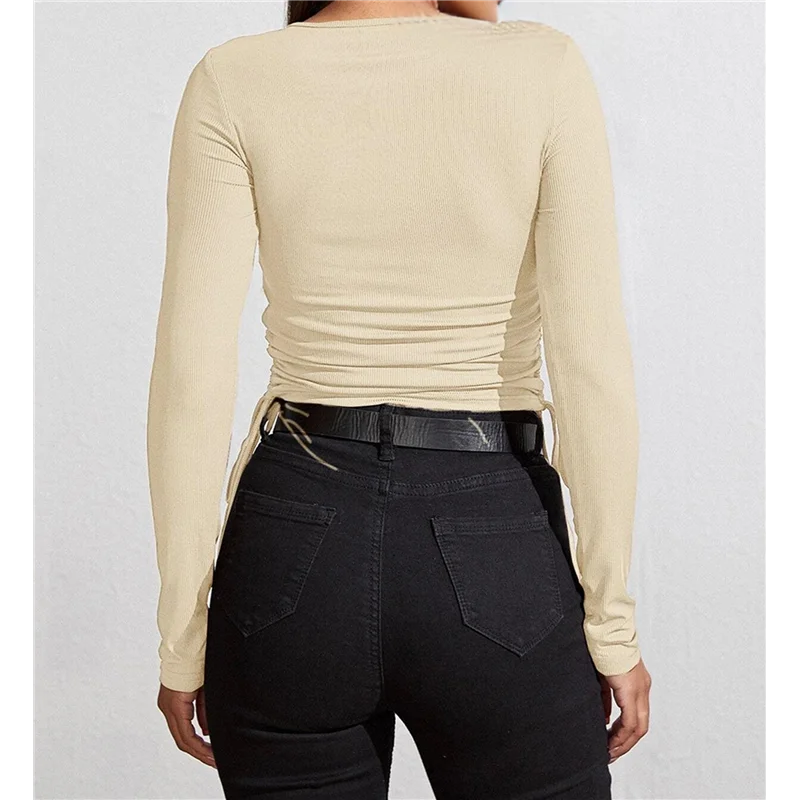 

A83F-Women's Crewneck Long Sleeve Side Drawstring Crop Tops Slim Ribbed Shirt
