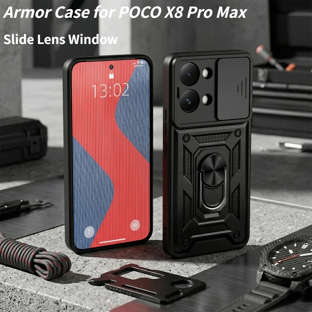 

Luxury Armor PC+TPU Phone Case for Xiaomi POCO X8 Pro Max X7 F8 Ultra F7 Pro M8 Pro Slide Camera Window Shockproof Protect Cover
