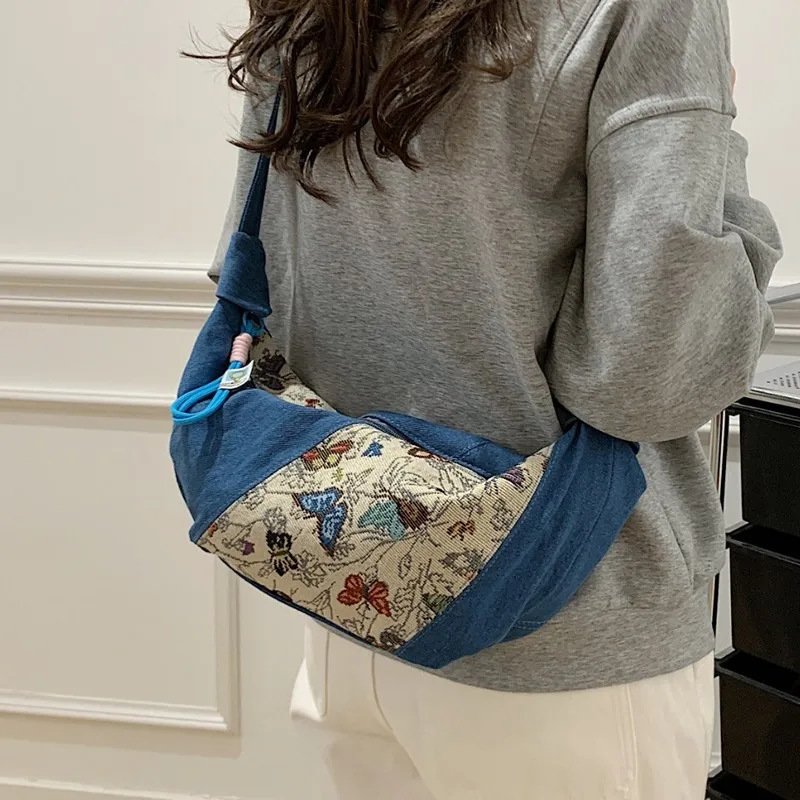 

2025 Vintage Denim Floral Dumpling Bag Spacious Crossbody Shoulder Bag for Women Retro Patchwork Underarm Purse