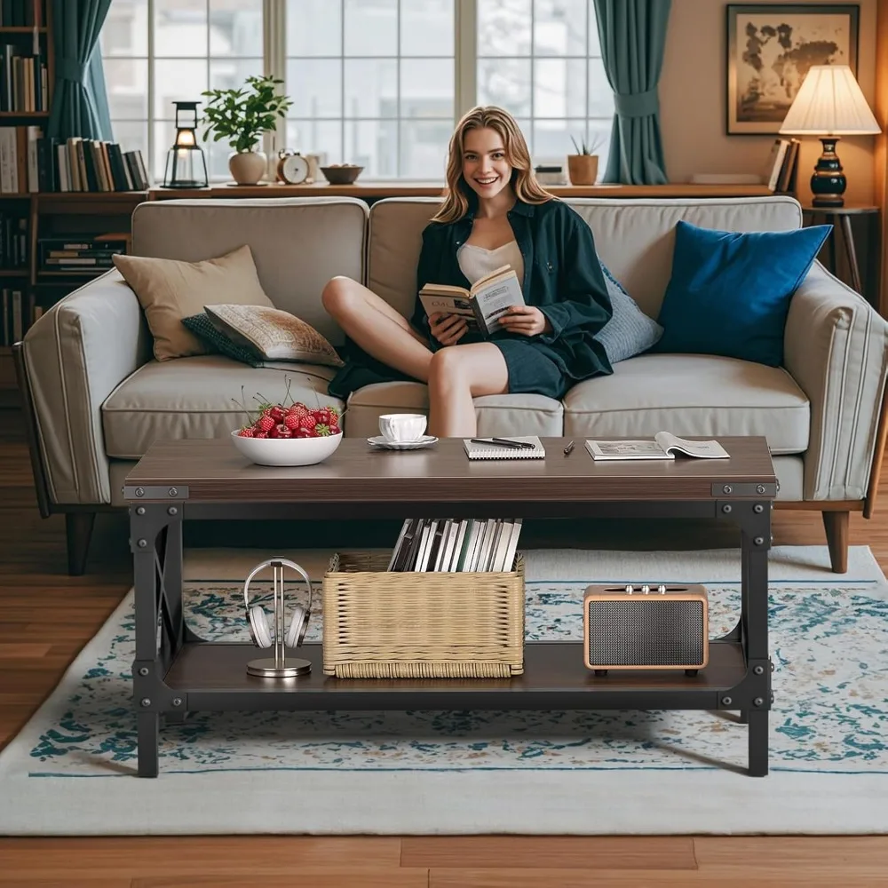 Rectangle Coffee Tables for Living Room, Wood Rectangular Coffee Table, 2 Tier Rustic Modern Center Table with Thickened Tableto