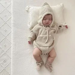 4008C Newborn Bodysuit 2022 Autumn Winter Hot Sale Hooded Bbay Boy Sweater Jumpsuit Big Pocket Knitted Girl's One Piece Clothes