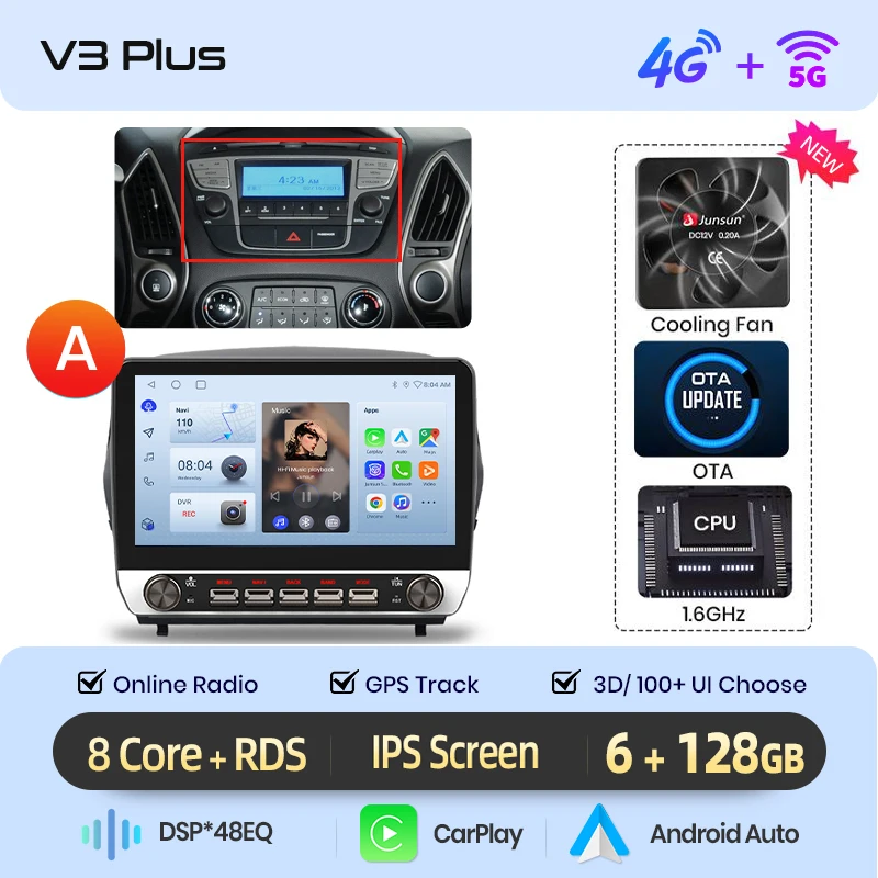 Junsun 10.1 "Knoppen Draadloze Carplay Android Auto Radio voor Hyundai Tucson 2 ix35 2009 2010-2015 Bluetooth GPS Navi 4G DSP