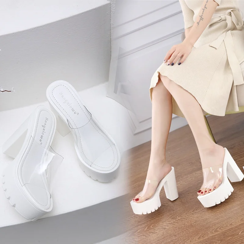 

Women's Transparent Heeled Sandals Ultra High Heel Thi Bot Platform Waterproof Slip-On Slippers Summer Faion oes