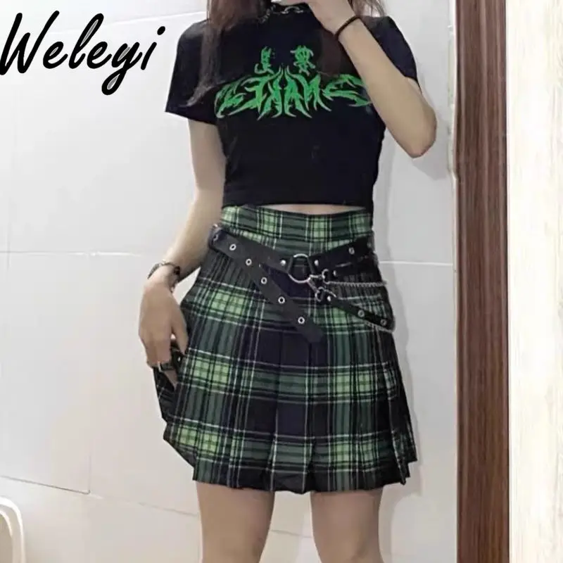 College Style Student Green Plaid Pleated Skirt Jirai Kei 2025 Spring Sweet JK Girls High Waist Short Skirts with Safety Pants