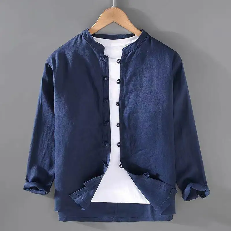 Traditional Chinese Clothing Linen Shirts Men Long Sleeve Retro Buttoned Shirt Solid Color Stand-up Collar Loose Men's Tops