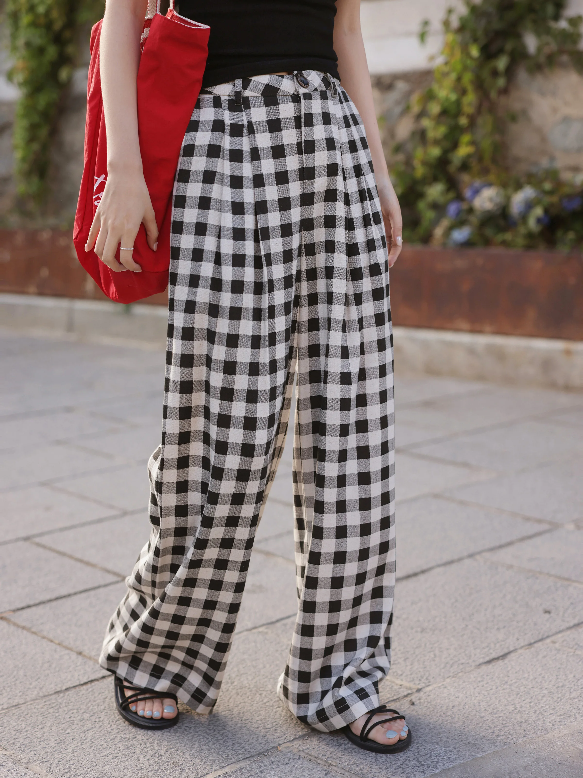 Vintage High Waist Plaid Wide Leg Pants Black White Checkered Trousers for Women Summer Casual Relax Floor Length Long Pants