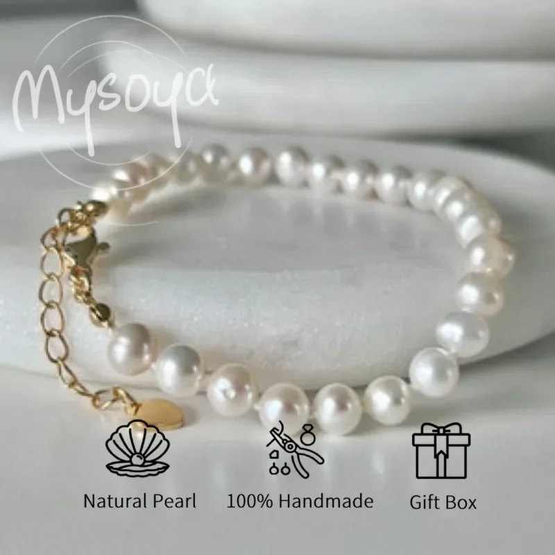 

MYSOYA White Freshwater Pearl Bracelet 6-7mm With Gift Box For Her/Him Birthday/Wedding/Christmas/New Year/Valentine's Day Gift