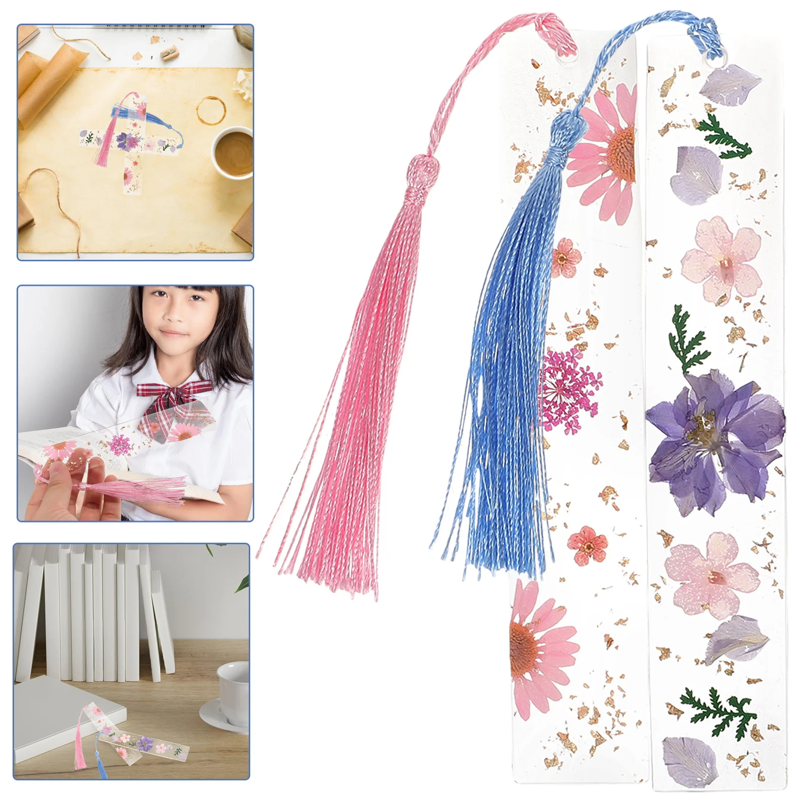 2 قطعة الإشارات المرجعية الراتنج مع شرابات المجففة زهرة تصميم اليدوية القراءة اكسسوارات للطلاب المعلمين عشاق الكتاب الهدايا