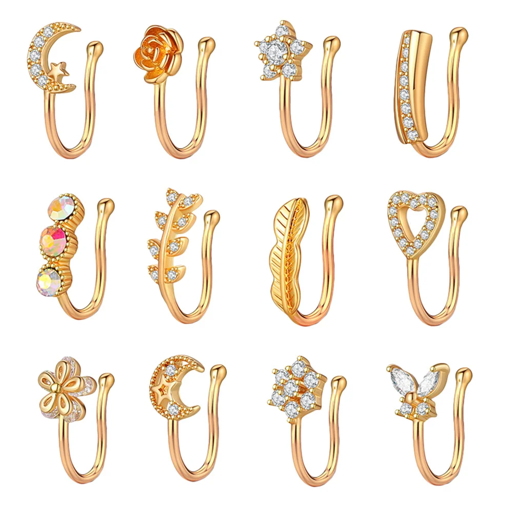 12pcs Zircon No Piercing Fake Ring For Women Party Ring Dance Nose Rings Performance Accessory Nose Decor