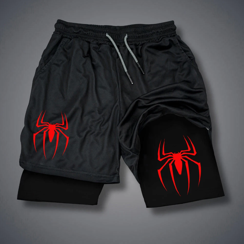 New Men\'s Performance Shorts Spider Print GYM Casual Sports Compression Shorts Run Mesh 2-in-1 Sport Short Pants