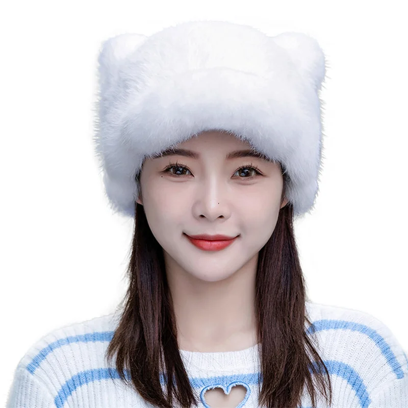 2024 New Fashion Style Women Rabbit Fur Cap Brim Cute Ears Hat Girls Winter Warm Real Natural Rabbit Fur Thick Warm Hats