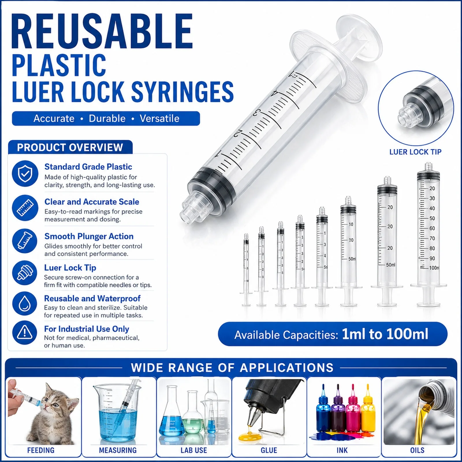 100Pcs-5Pcs Plastic Luer Lock Syringe 1ml-100ml Reusable Industrial Dispensing Lab Measure Glue Ink Pet Feeding Tool