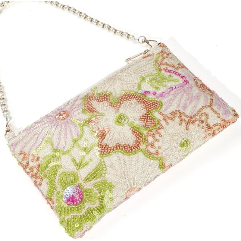 X5XA Elegant Chinese Embroidered Sequins Underarm Bag Cotton Linen Shoulder Bag Handbag For Women Fashion Accessories
