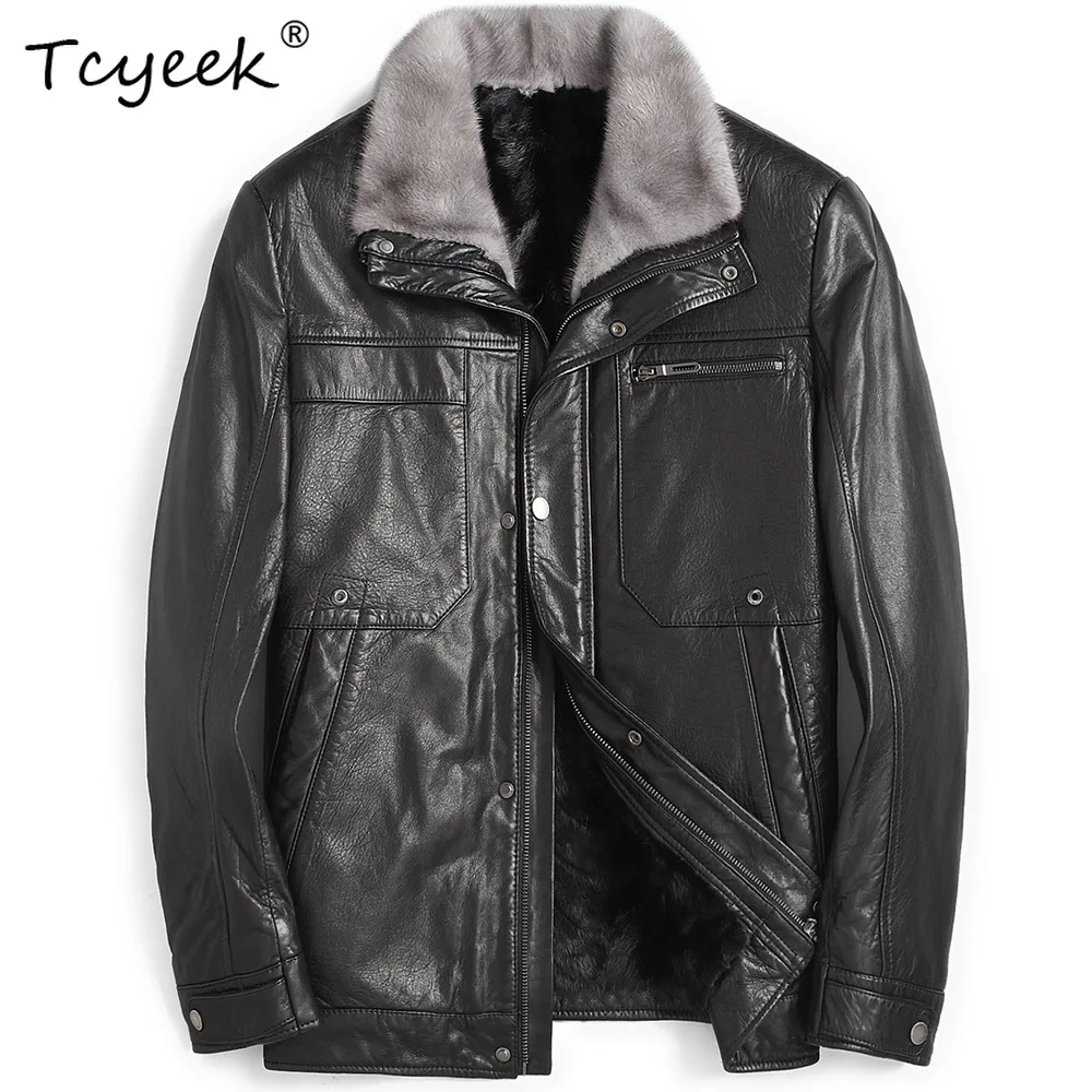 

Tcyeek Oil Wax Sheepskin Куртка из натуральной кожи Мужская теплая норковая шуба Зимняя одежда Деловые повседневные мужские пальто Куртка Мужская