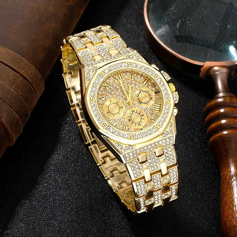 Luxe Heren Horloge Roestvrij Stee Band Gouden Horloges Voor Mannen Mode Hip Hop Horloge Diamant Big Dial Business Quartz Polshorloges