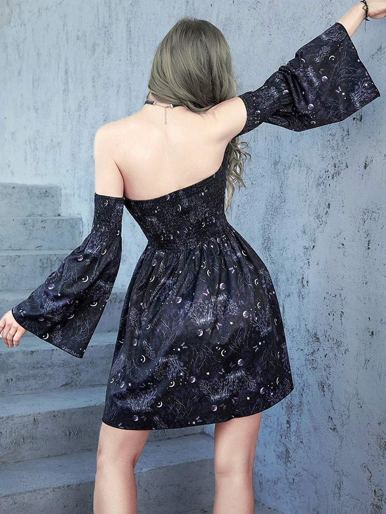 Goth Dark Aesthetic Moon Print Shirring Mini Dresses Grunge Punk Backless Sexy Women Dress Witch Off Shoulder Vintage Alt Clothe