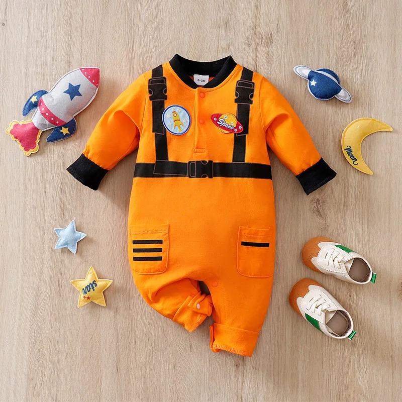

Newborn Baby Boy Long sleeves clothing 0-18 Months one-piece White cotton fashion Orange astronaut print Infant Casual Jumpsuit