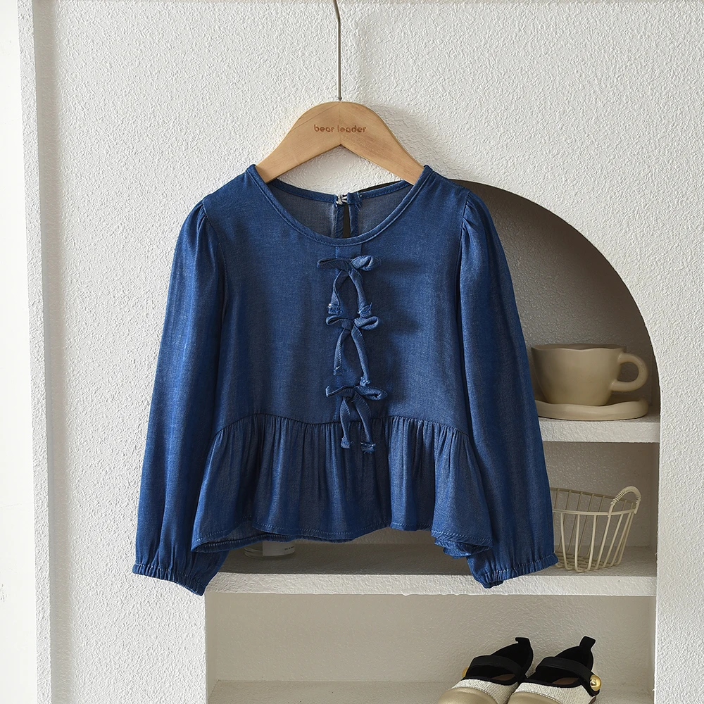 قميص أزرق للفتيات بعمر 3-7 سنوات برقبة دائرية وأكمام طويلة قميص أساسي للأطفال النسخة الكورية العصرية والمتعددة الاستخدامات